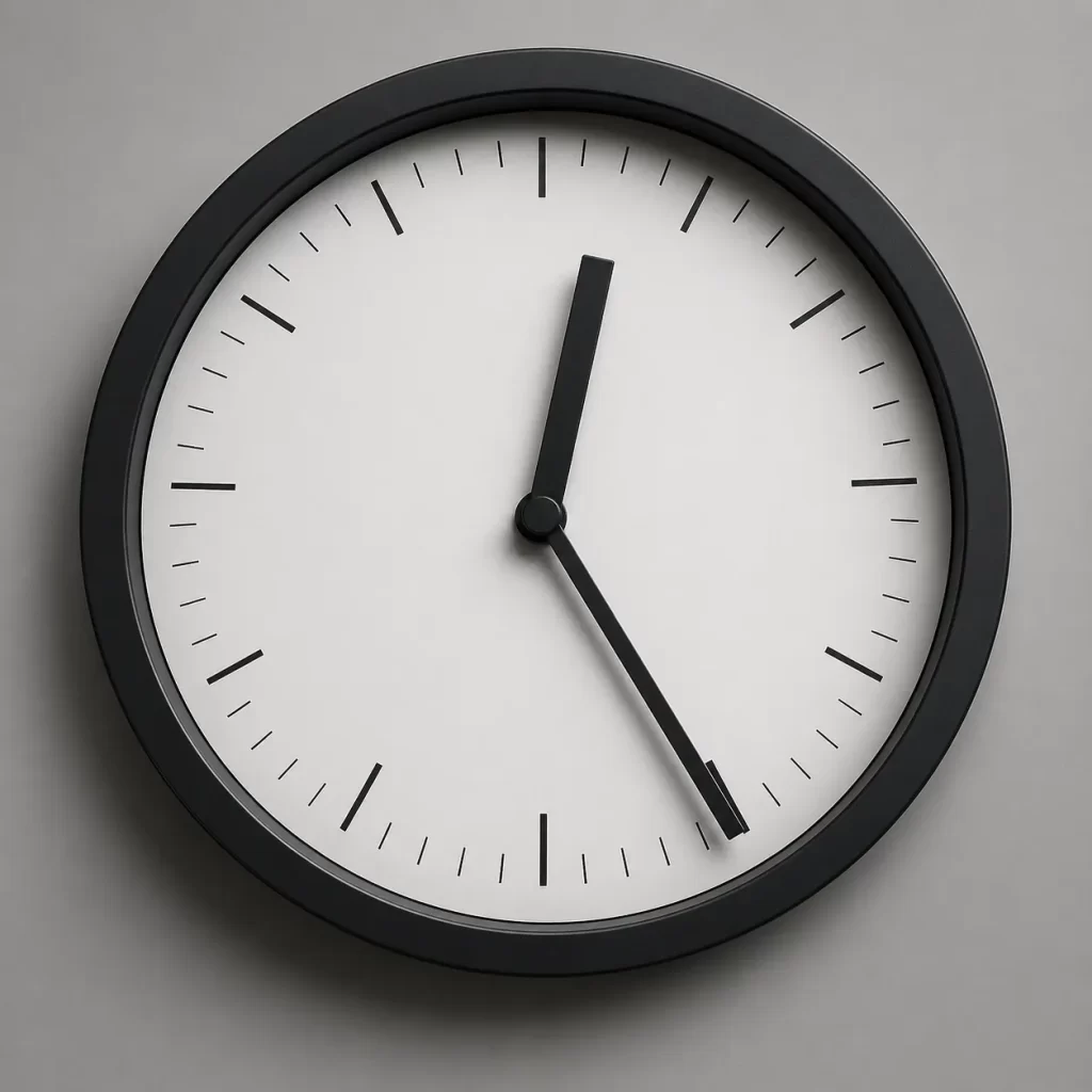 Minimalistische analoge klok met zwarte rand en wijzers tegen een rustige grijze achtergrond.