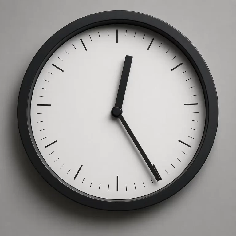 Minimalistische analoge klok met zwarte rand en wijzers tegen een rustige grijze achtergrond.