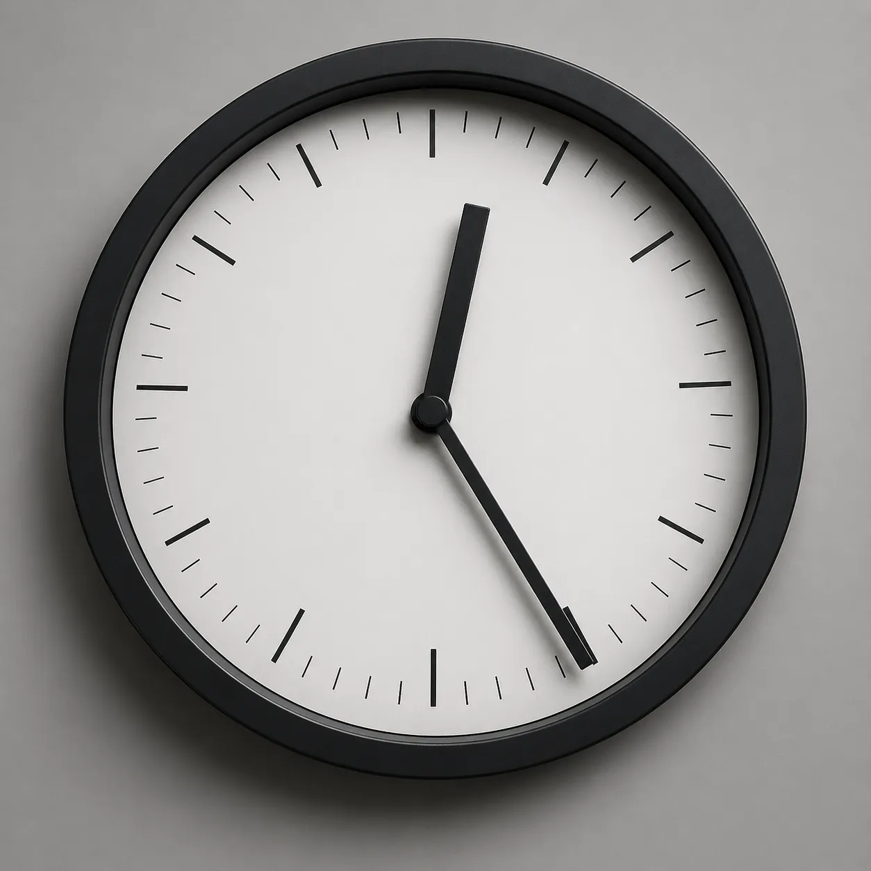 Minimalistische analoge klok met zwarte rand en wijzers tegen een rustige grijze achtergrond.
