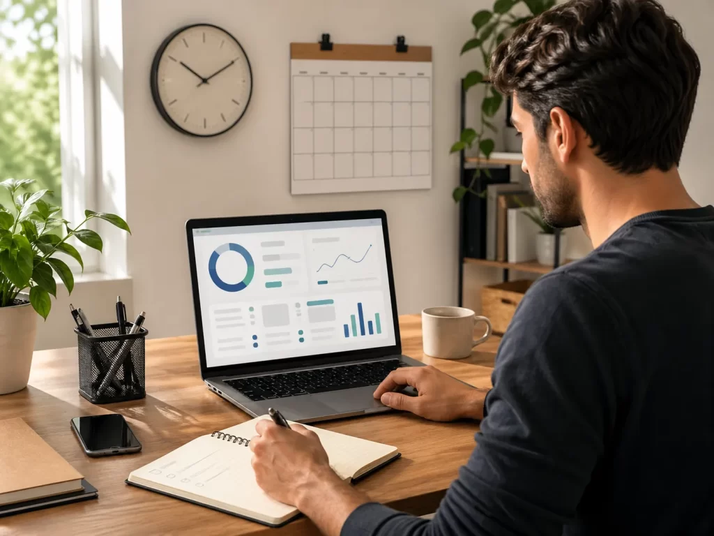 Een zzp’er houdt overzichtelijk zijn werkuren bij in een rustige thuiswerkplek.