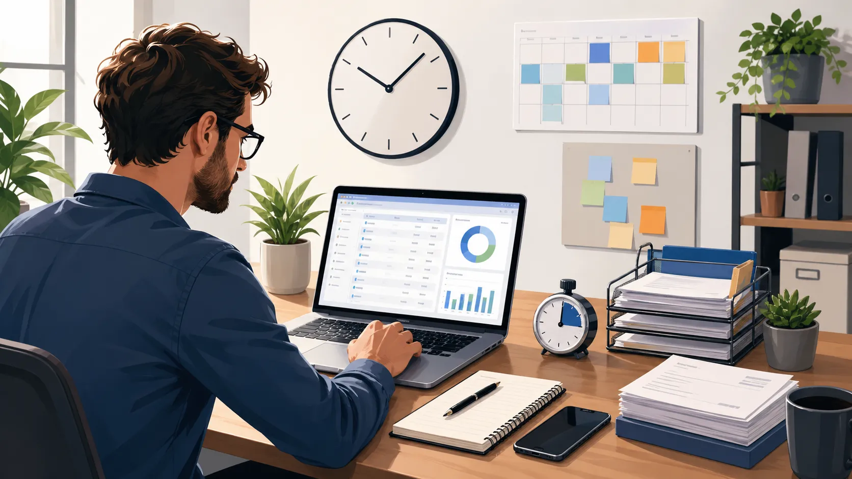 Een zzp’er houdt overzichtelijk zijn gewerkte uren, planning en administratie bij in een moderne werkruimte.