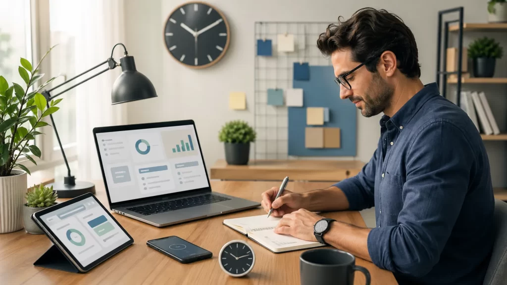 Een zzp’er houdt zijn werktijd overzichtelijk bij in een rustige, moderne werkruimte met digitale tools en notities.