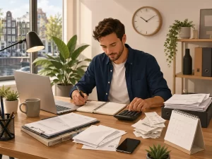Beroemdheden Een zzp’er werkt aan zijn administratie met laptop, bonnetjes, notities en rekenmachine.