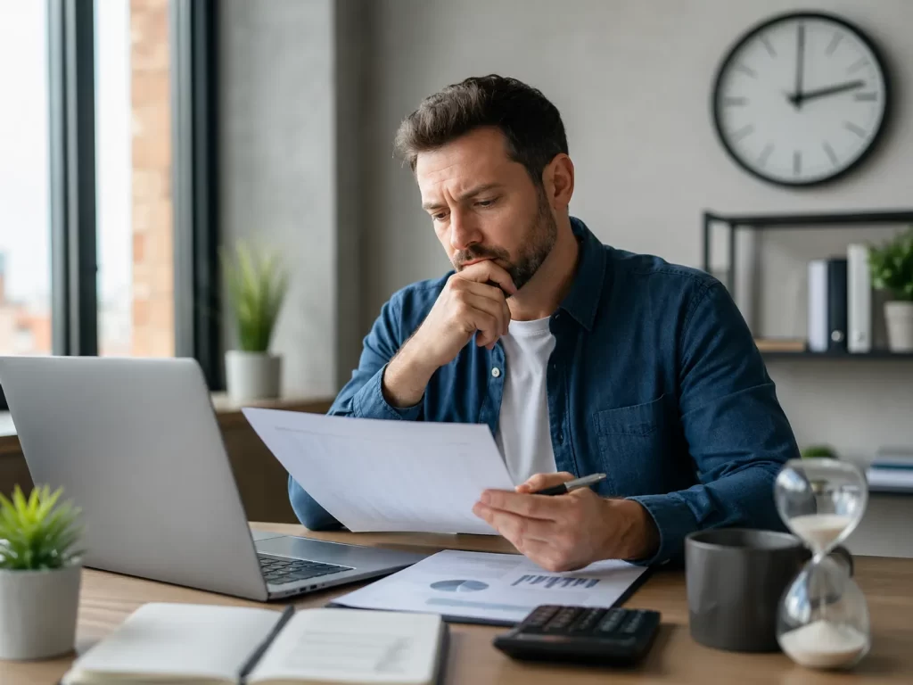 Een zelfstandige professional bekijkt een offerte en weegt af hoeveel tijd voorbereiding kost.