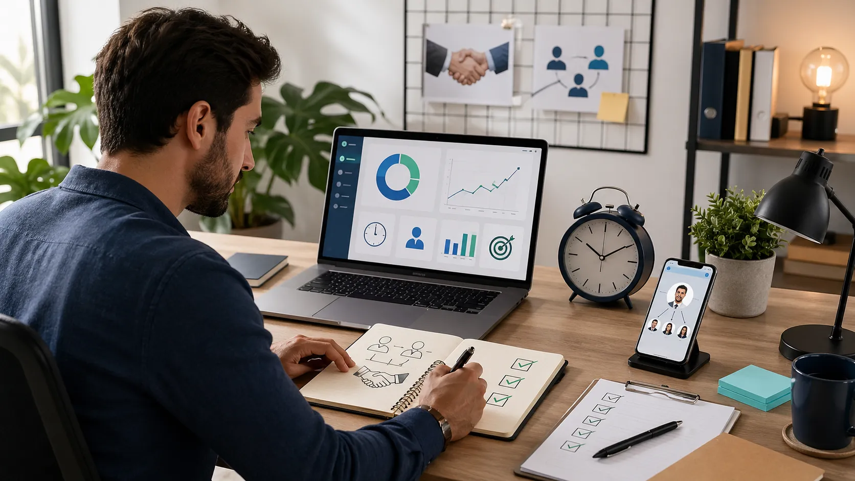 Een zzp’er organiseert klantwerving en houdt acquisitietijd overzichtelijk bij in een moderne werkruimte.