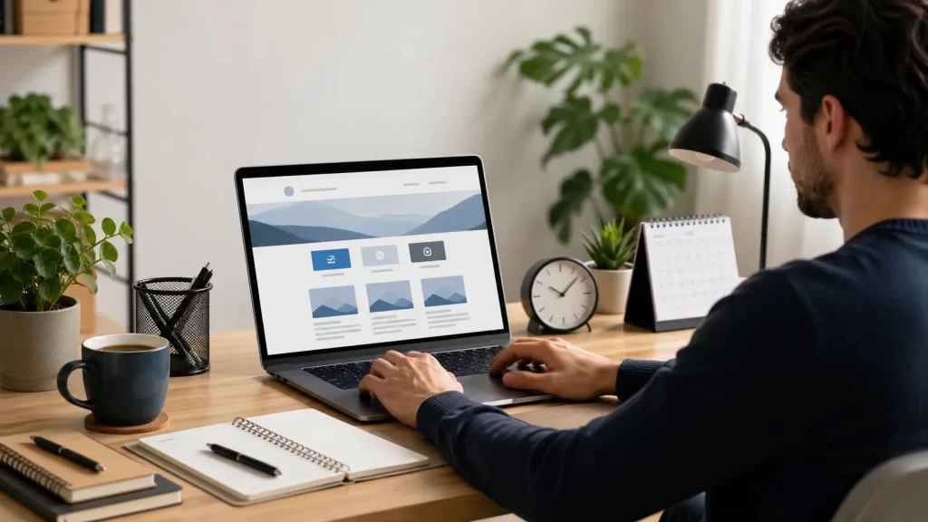 Zelfstandige ondernemer werkt thuis aan zijn website met laptop, klok en planning op het bureau.