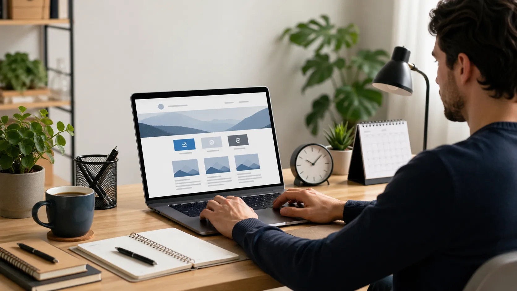 Zelfstandige ondernemer werkt thuis aan zijn website met laptop, klok en planning op het bureau.