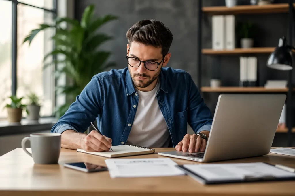 Een rustige zakelijke scène over tijd bijhouden, administratie en overzicht voor zelfstandige ondernemers.