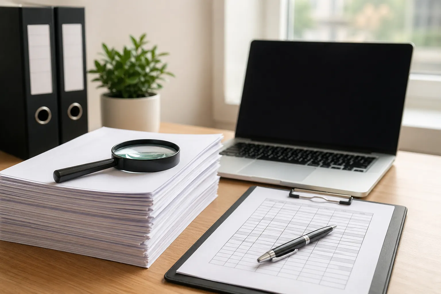 Geordende administratie met documenten, laptop en vergrootglas ter voorbereiding op een belastingcontrole.