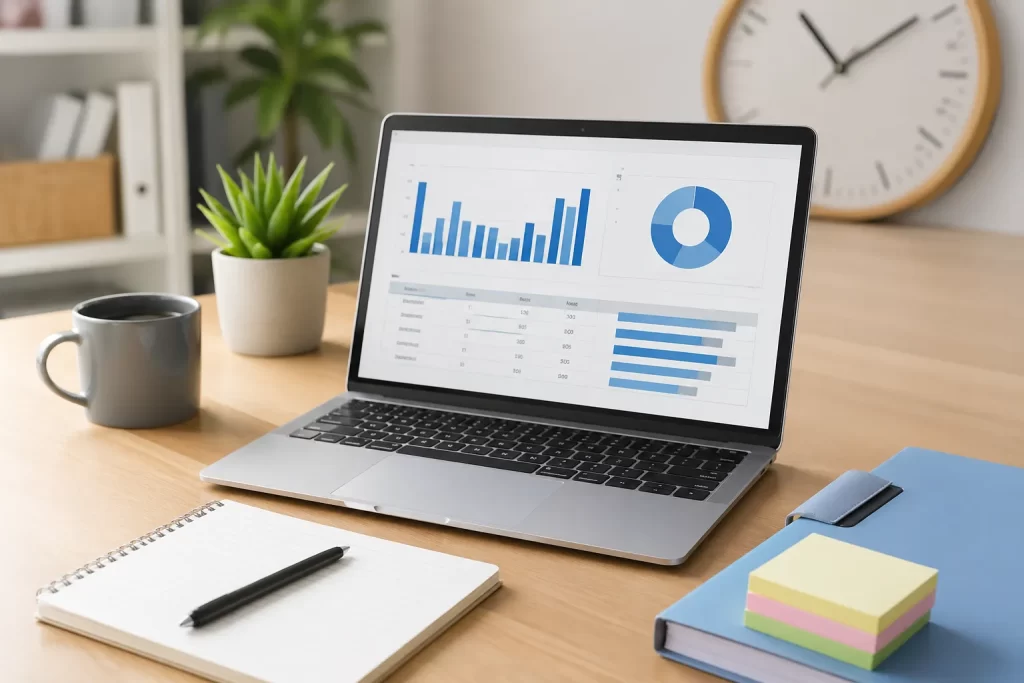 Een nette werkplek met laptop, grafieken en administratie voor overzichtelijke urenregistratie.