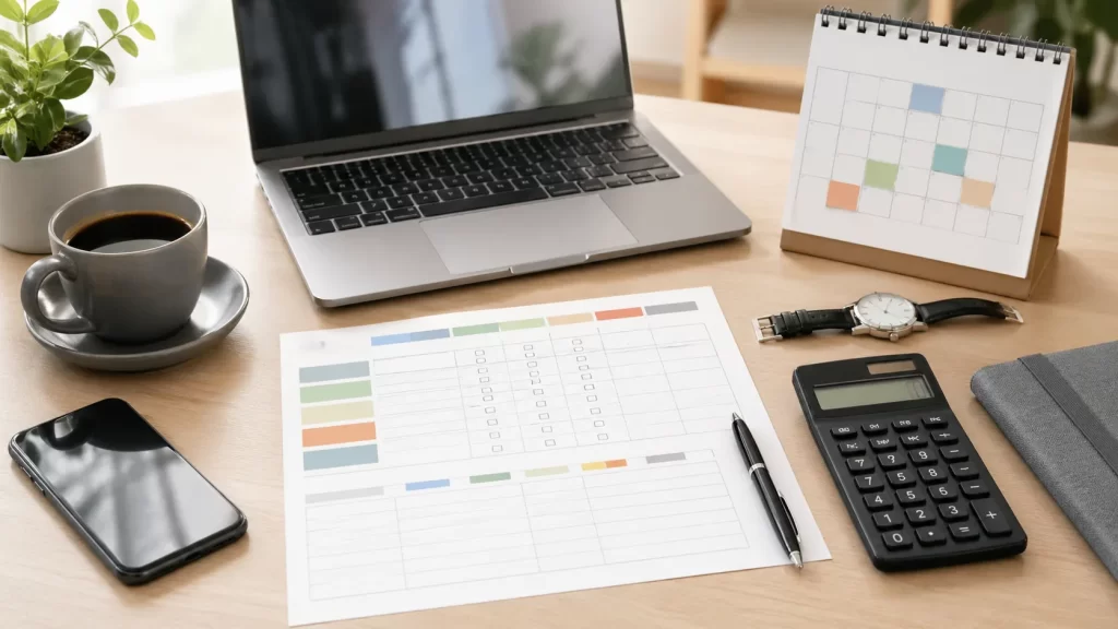 Een overzichtelijke werkplek met planning, administratie en tijdregistratie voor zelfstandigen.