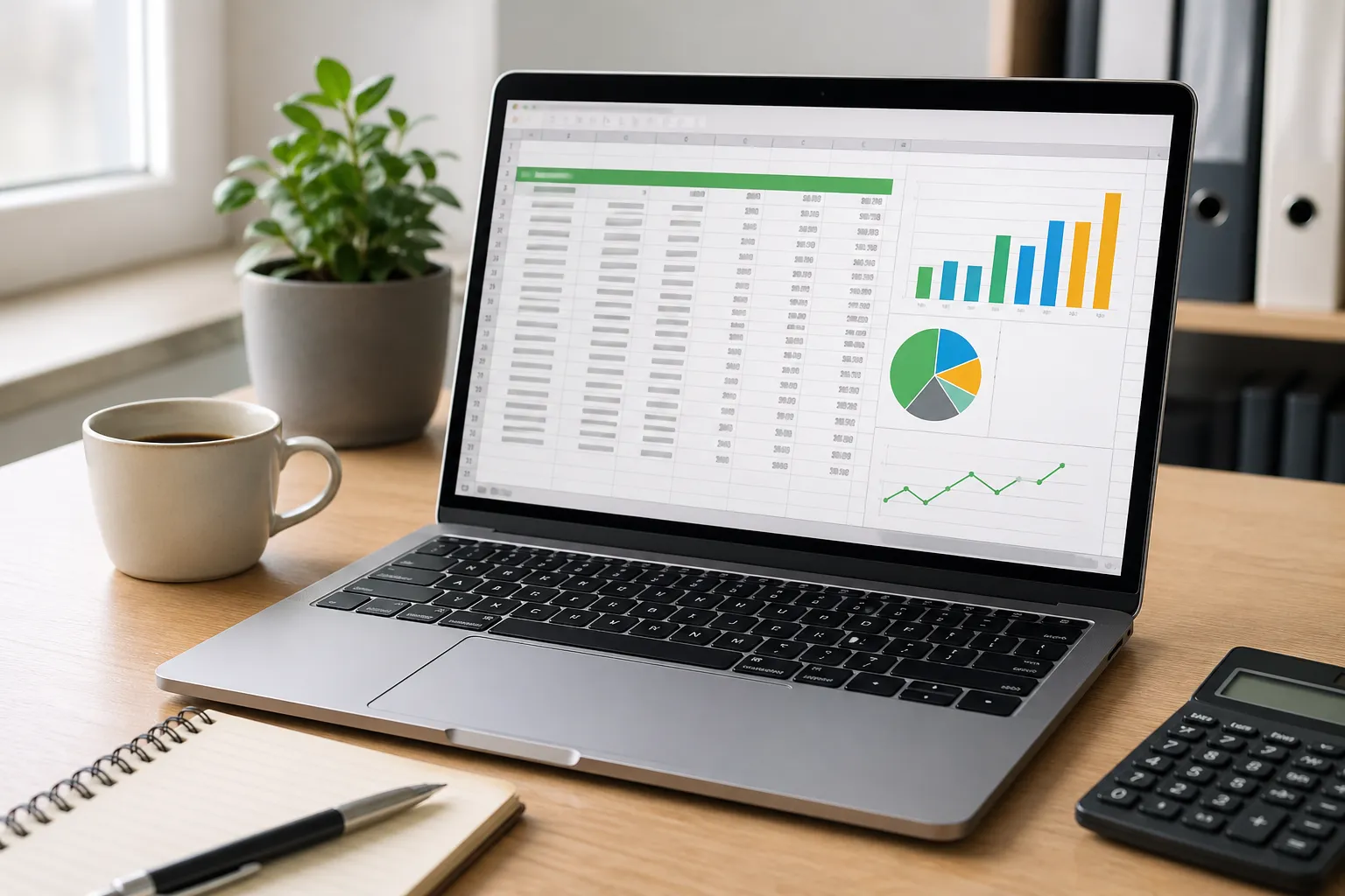 Een overzichtelijke werkplek met laptop, agenda en urenadministratie voor zelfstandig ondernemers.