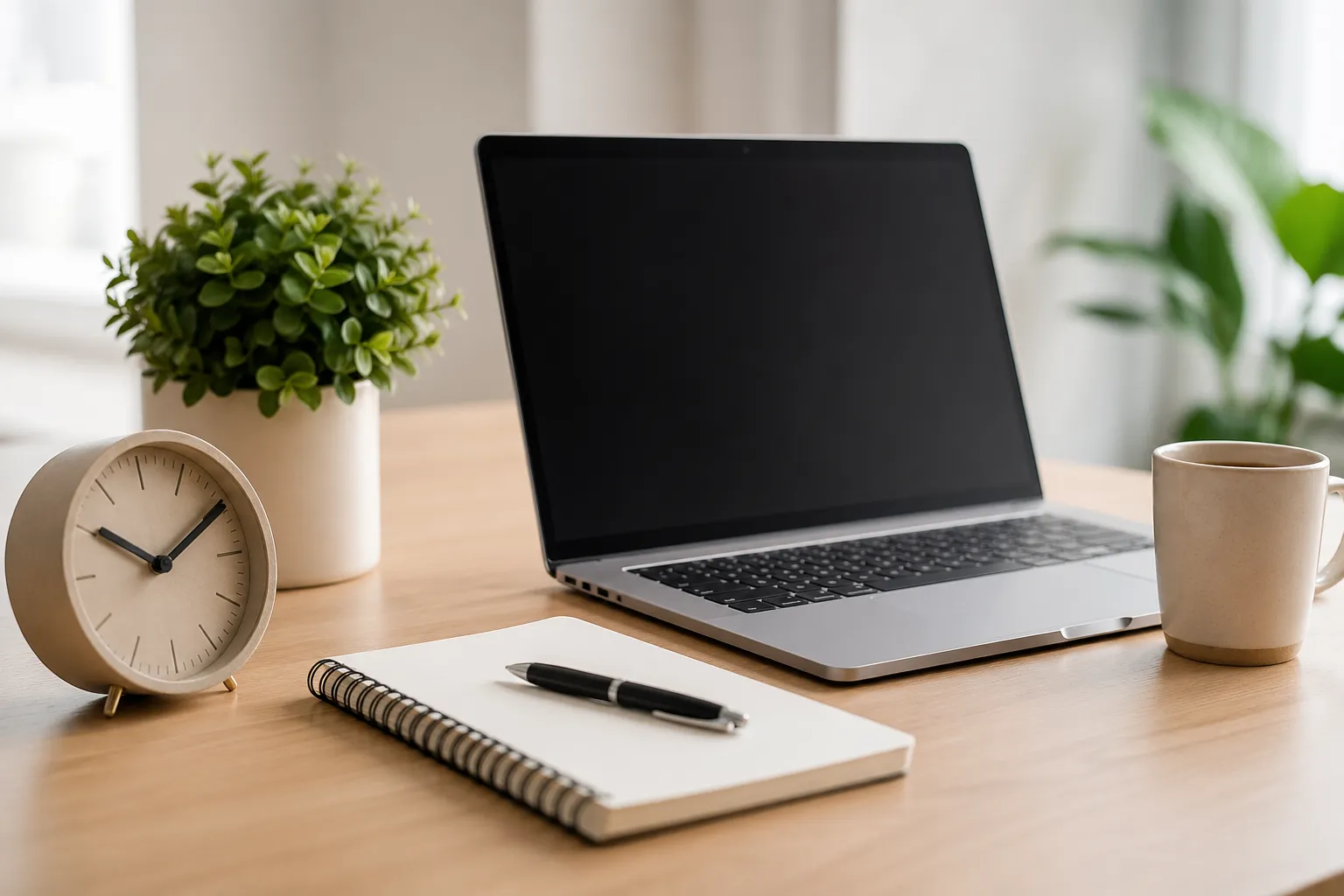 Een overzichtelijke werkplek met laptop, agenda en tijdregistratie voor zelfstandige ondernemers.