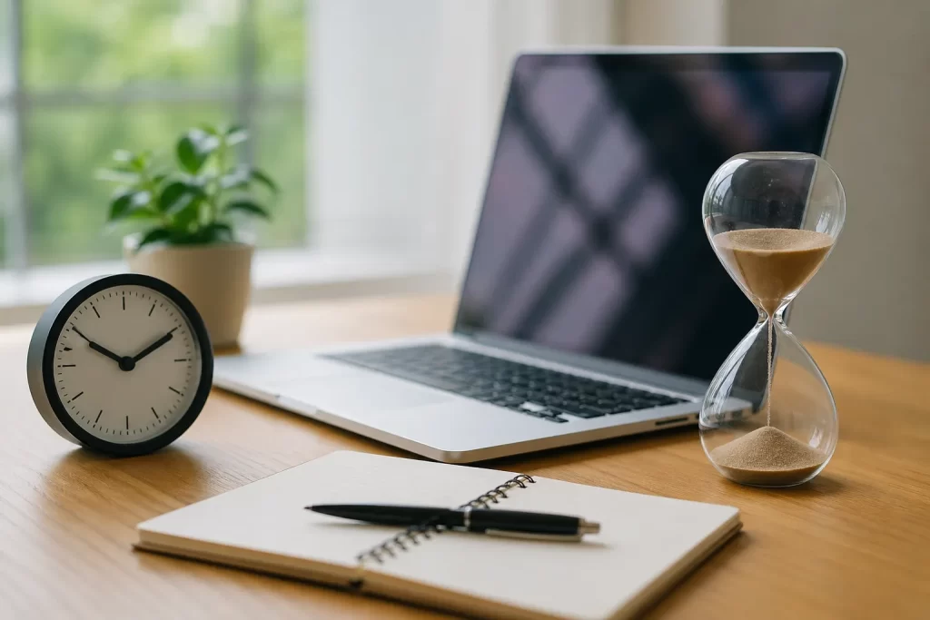 Een rustige werkplek met laptop, klok en notitieboek als symbool voor eenvoudig tijd bijhouden.
