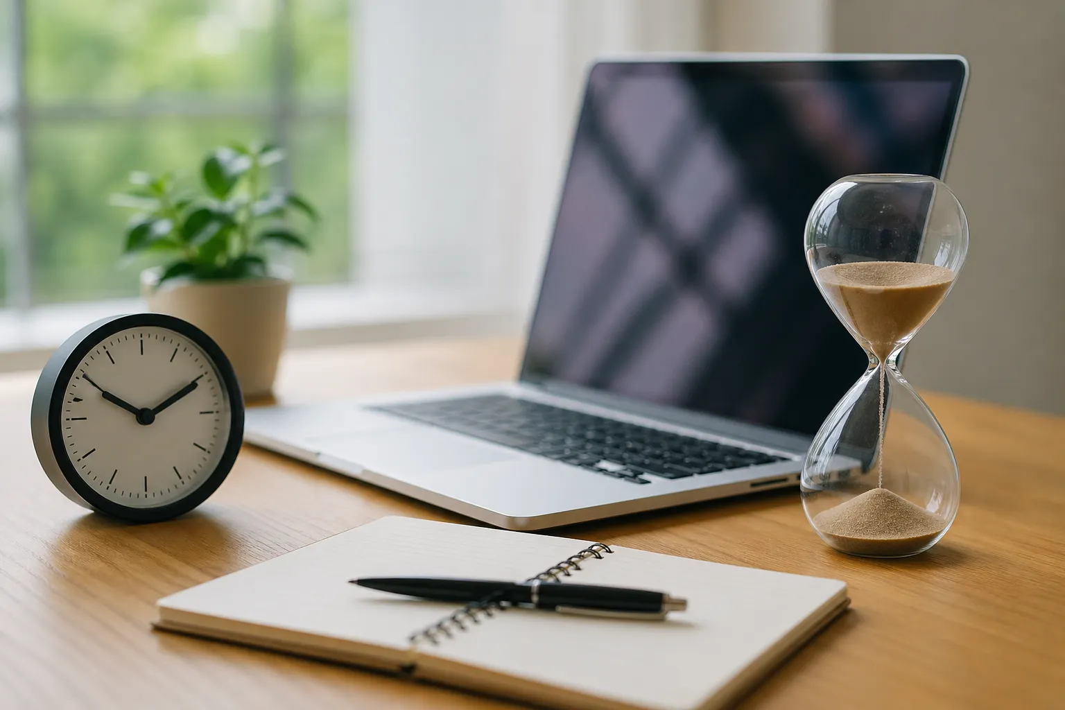 Een rustige werkplek met laptop, klok en notitieboek als symbool voor eenvoudig tijd bijhouden.