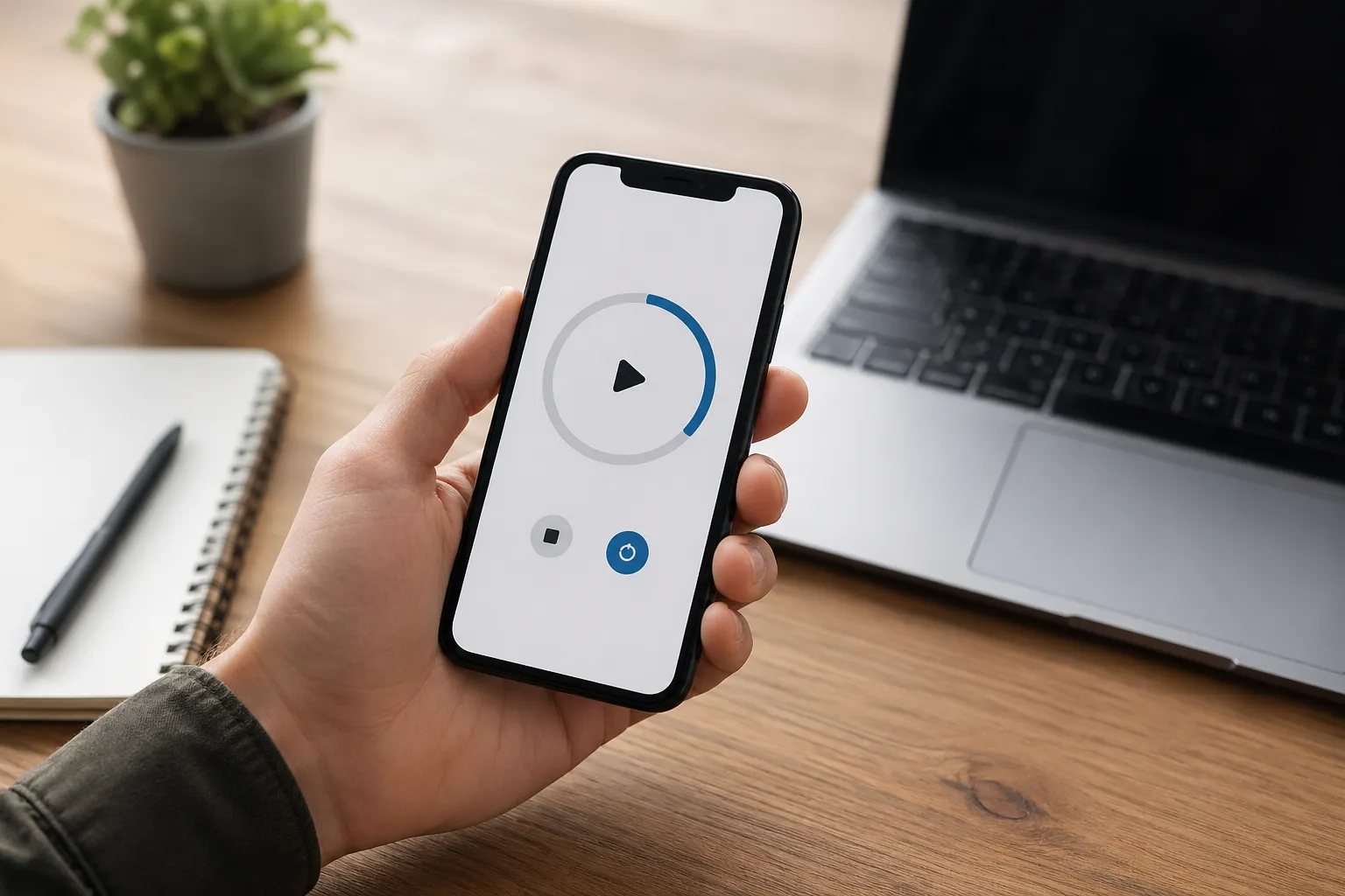 Een freelancer houdt eenvoudig werktijd bij met een smartphone op een moderne werkplek.