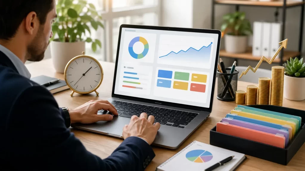 Een moderne werkplek met dashboard, klok en groeisymbolen die overzicht geven in tijdregistratie, projecturen en winstgevendheid.